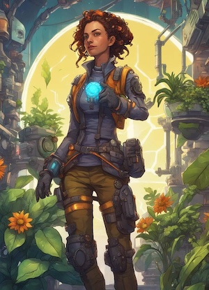 Image of a futuristic pioneer woman with gadgets and plants